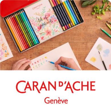 Conjunto de lápis Caran d’Ache com desenhos coloridos e amostras de cores em papel.